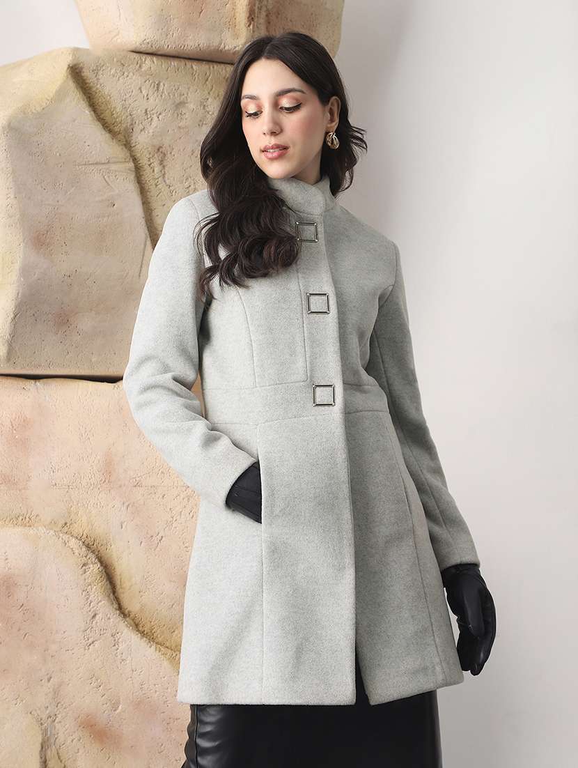 globus women grey self design mock collar long sleeve knee length tailored fit winterwear overcoat  - 22147759 -  Zoom Image - 0