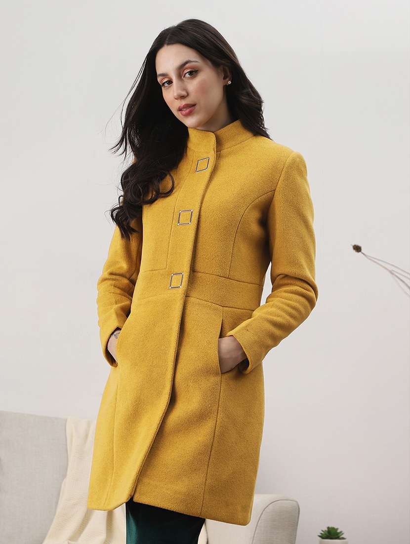 globus women gold self design mock collar long sleeve knee length tailored fit winterwear overcoat  - 22147760 -  Zoom Image - 0