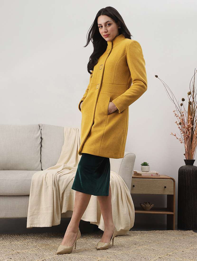 globus women gold self design mock collar long sleeve knee length tailored fit winterwear overcoat  - 22147760 -  Standard Image - 3