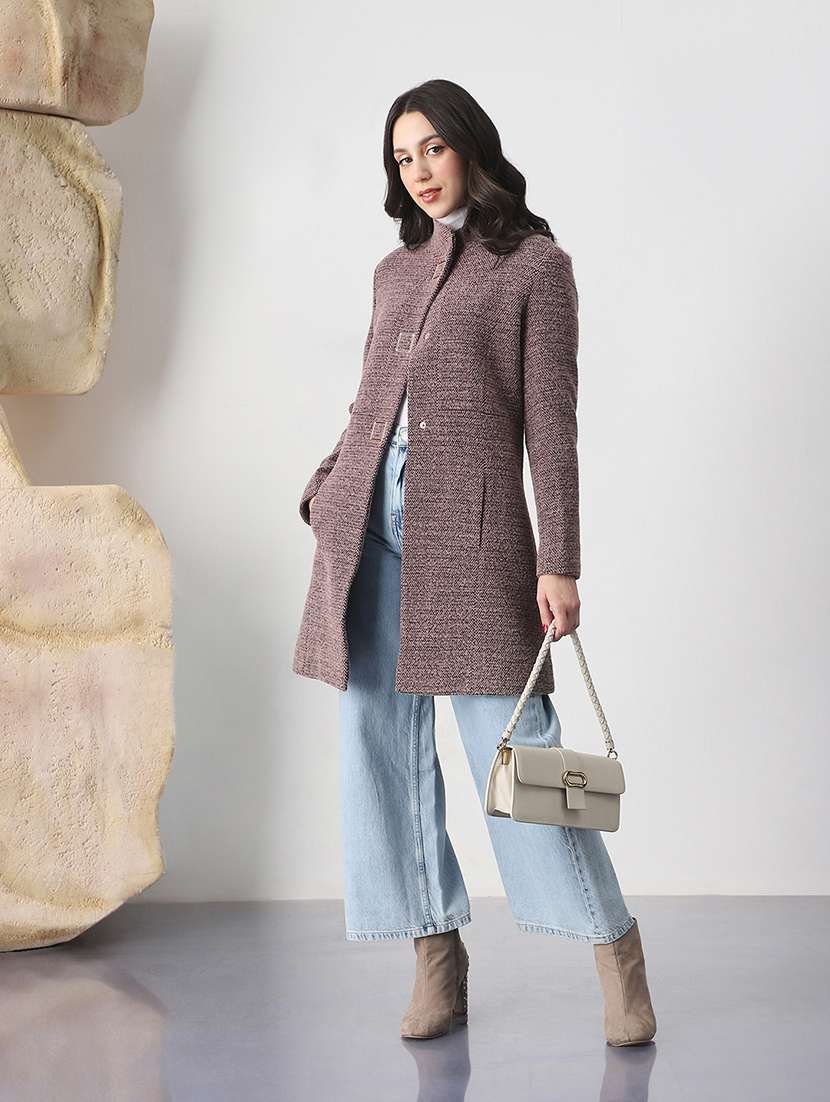 globus women pink mock collar long sleeves self design  2 pockets knee length winterwear overcoat - 22147761 -  Standard Image - 3