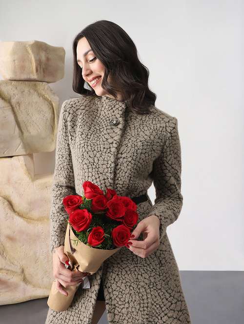 globus women grey melange mock neck long sleeves self design winter wear overcoat with belt - 22147762 -  Standard Image - 0