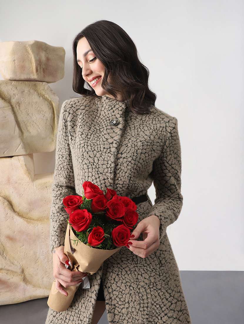 globus women grey melange mock neck long sleeves self design winter wear overcoat with belt - 22147762 -  Zoom Image - 0