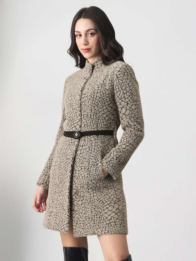 globus women grey melange mock neck long sleeves self design winter wear overcoat with belt - 22147762 -  Standard Image - 3