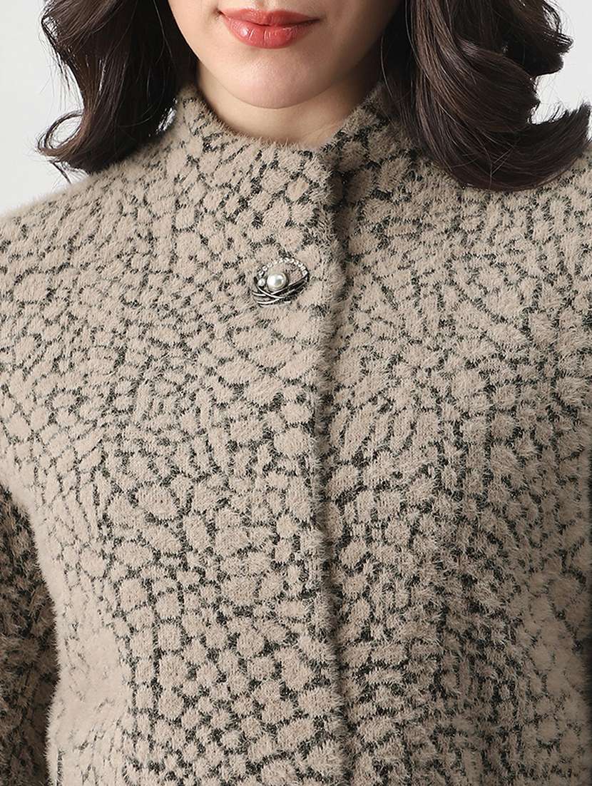 globus women grey melange mock neck long sleeves self design winter wear overcoat with belt - 22147762 -  Standard Image - 5