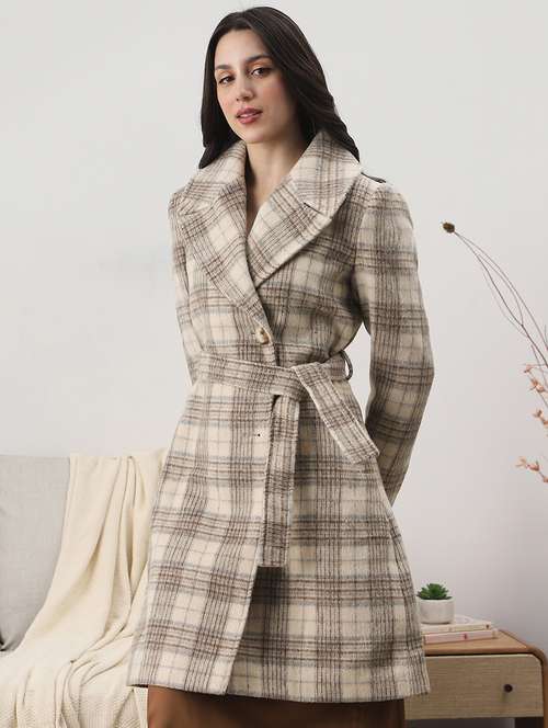 globus women cream notched lapel long sleeves checkered self design winter wear overcoat with belt - 22147765 -  Standard Image - 0