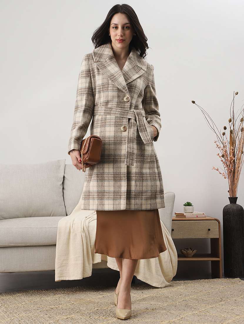 globus women cream notched lapel long sleeves checkered self design winter wear overcoat with belt - 22147765 -  Standard Image - 3