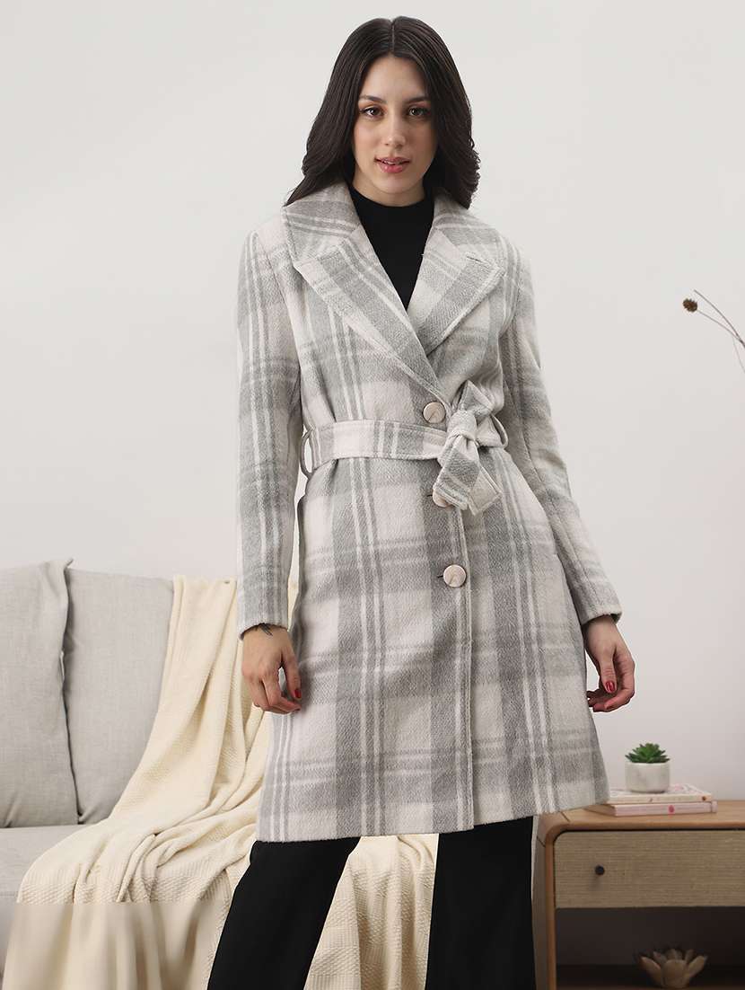women checkered long sleeve trench coat