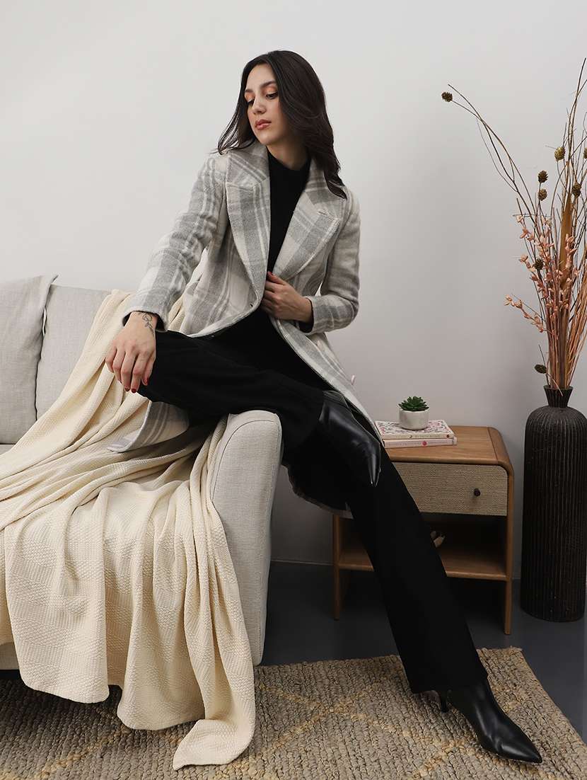 globus women grey notched lapel long sleeves checkered self design winter wear overcoat with belt - 22147766 -  Standard Image - 3