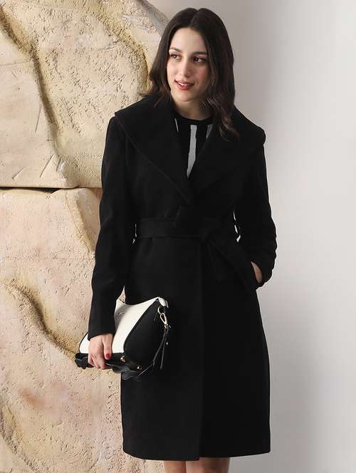 globus women black shawl collar long sleeves solid winter wear overcoat with belt - 22147768 -  Standard Image - 0