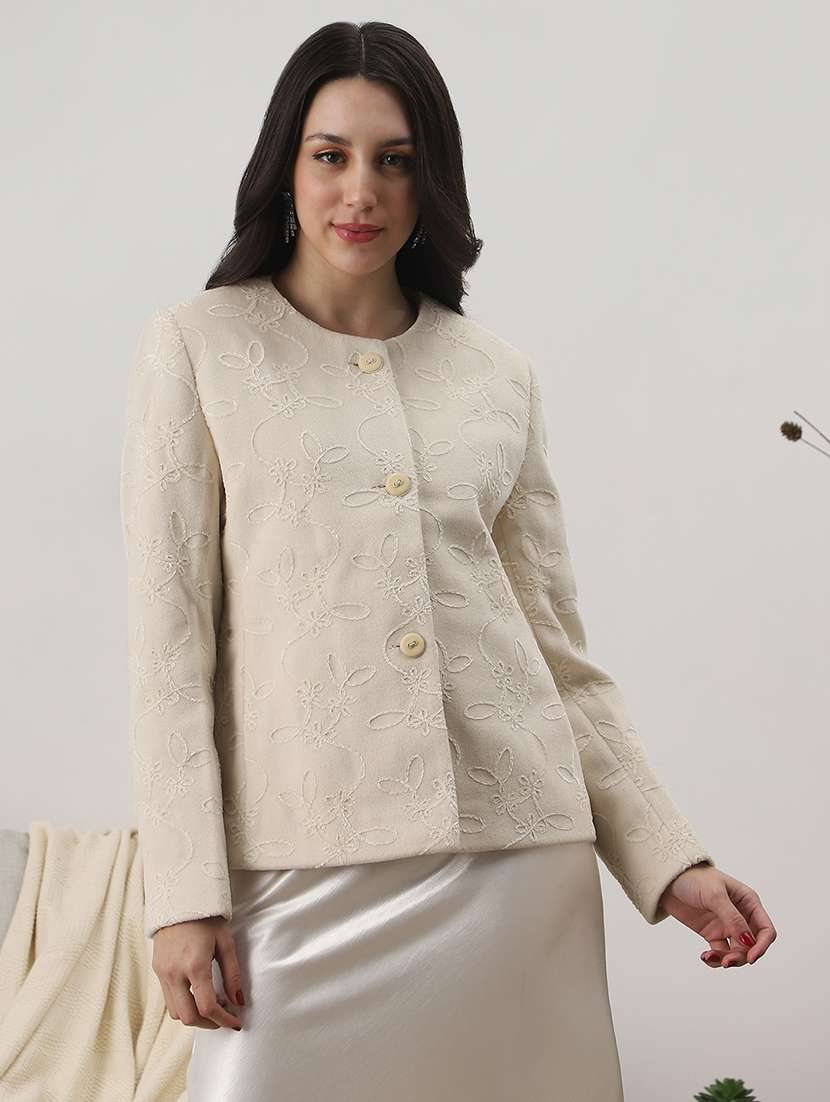 globus women off white round neck long sleeves floral self design winter wear overcoat