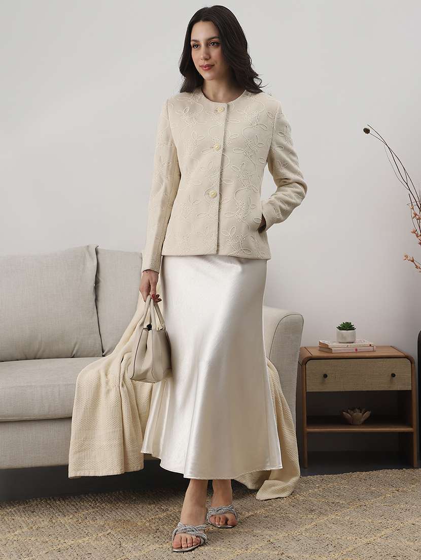 globus women off white round neck long sleeves floral self design winter wear overcoat - 22147771 -  Standard Image - 3