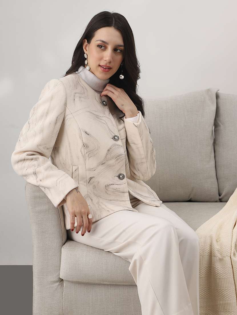 globus women off white round neck long sleeves self design winter wear overcoat