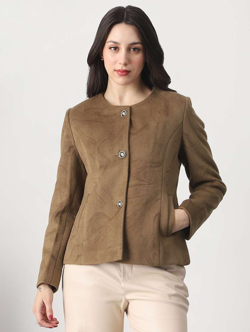 globus women brown round neck long sleeves self design winter wear overcoat - 22147773 -  Zoom Image - 0