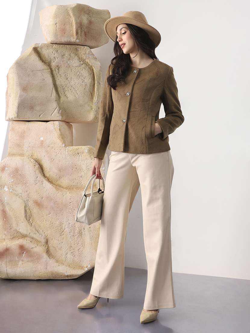 globus women brown round neck long sleeves self design winter wear overcoat - 22147773 -  Standard Image - 3