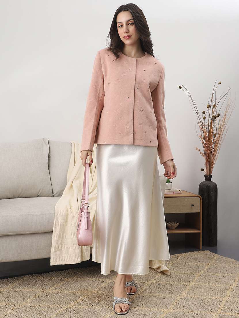 globus women pink round neck long sleeves floral self design embellished wool 2 pockets winterwear overcoat - 22147774 -  Standard Image - 3