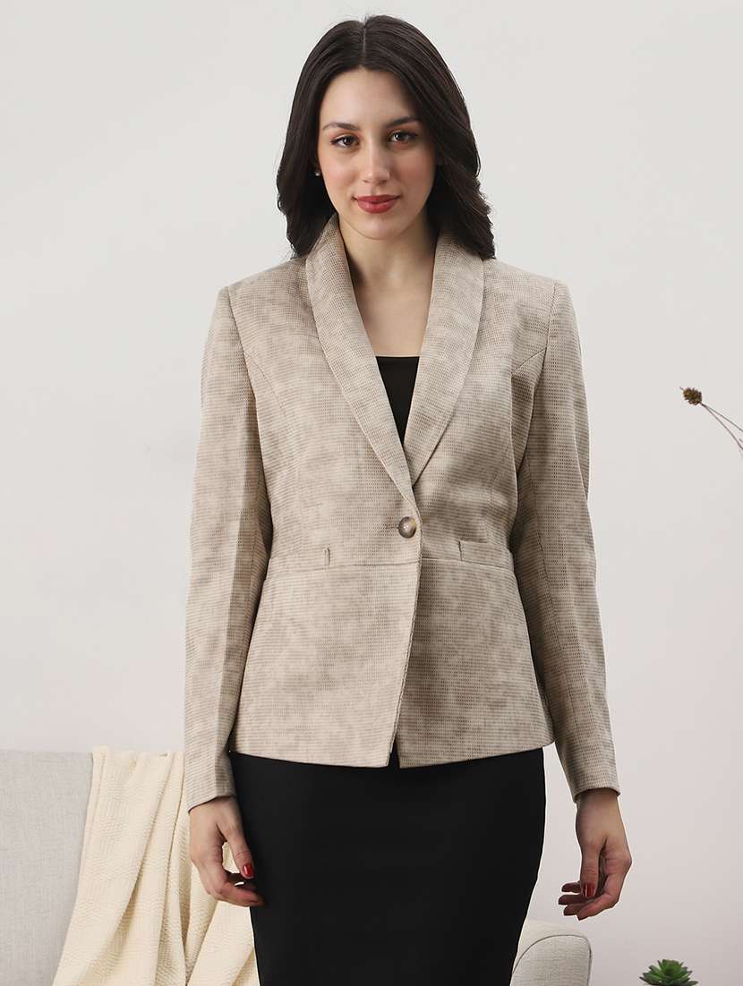 globus women beige shawl collar long sleeves self design 2 pockets winterwear overcoat