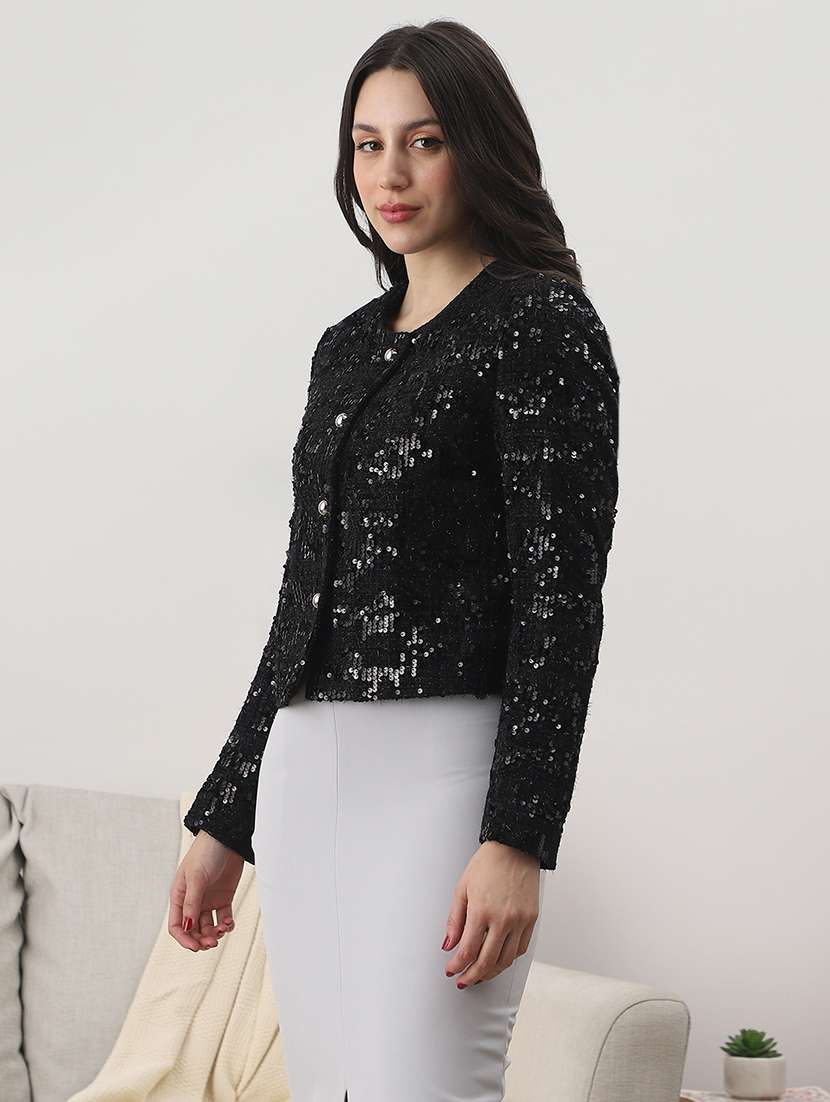 globus women black round neck long sleeves embellished 2 pockets winterwear overcoat - 22147776 -  Standard Image - 3