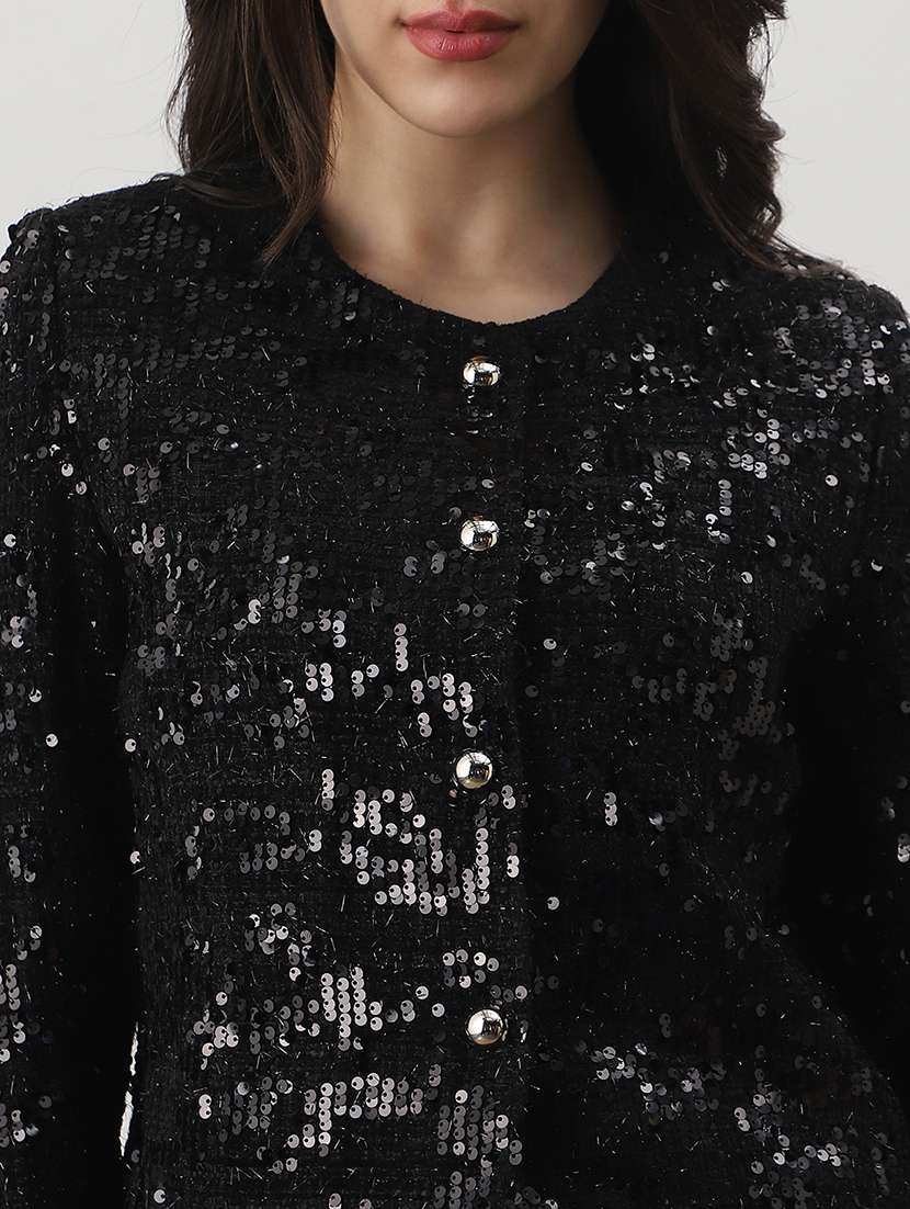 globus women black round neck long sleeves embellished 2 pockets winterwear overcoat - 22147776 -  Standard Image - 5