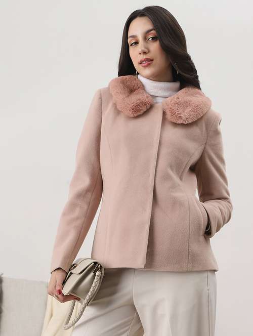 globus women pink peter pan collar long sleeves faux fur detail 2 pockets winterwear overcoat - 22147778 -  Standard Image - 0