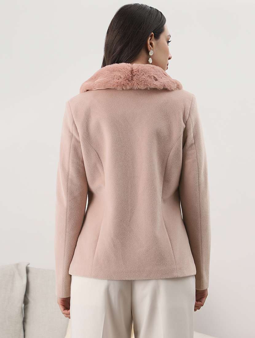 globus women pink peter pan collar long sleeves faux fur detail 2 pockets winterwear overcoat - 22147778 -  Standard Image - 3