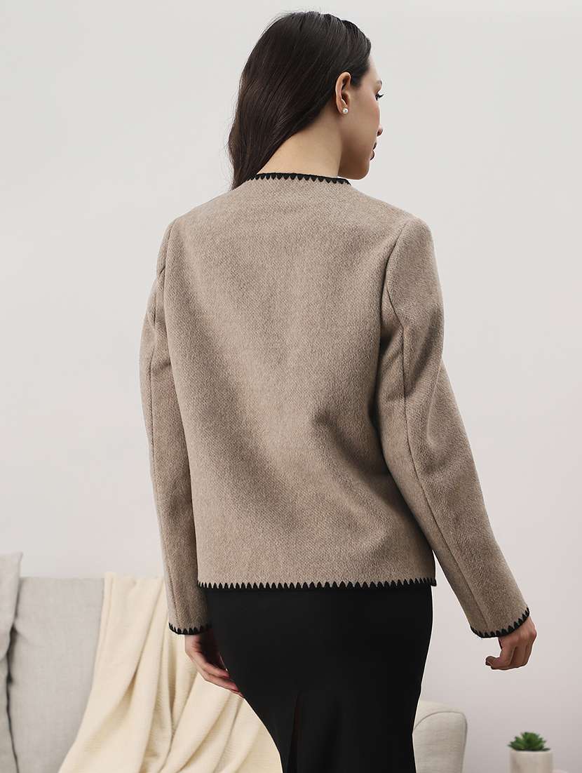 globus women brown round neck long sleeves embroidered detail self design 2 pockets winterwear overcoat - 22147780 -  Standard Image - 3