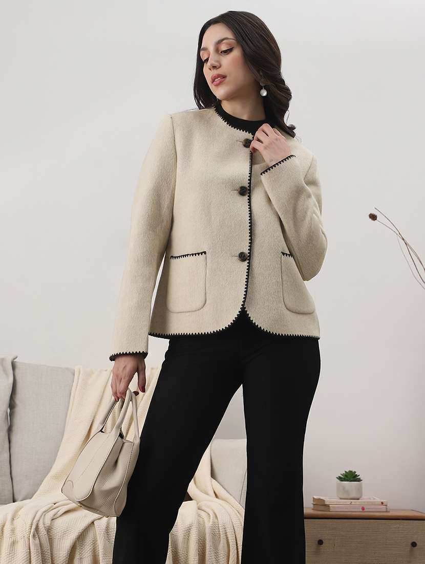 globus women camel beige round neck long sleeves embroidered detail self design 2 pockets winterwear overcoat