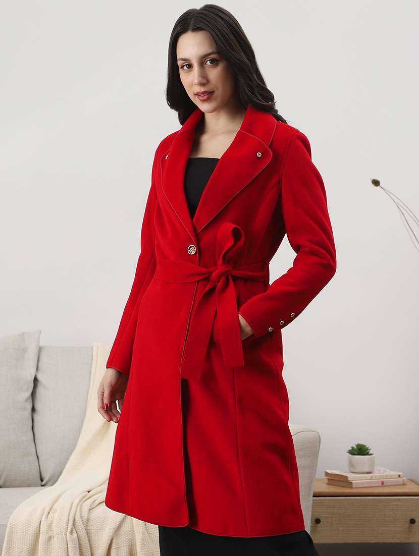 globus women red shawl collar long sleeves solid 2 pockets winterwear trench coat with belt - 22147783 -  Zoom Image - 0