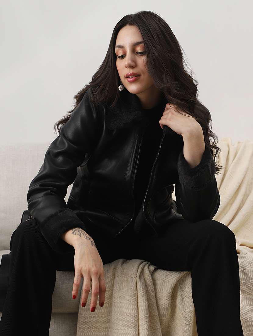 women black solid leather regular jacket