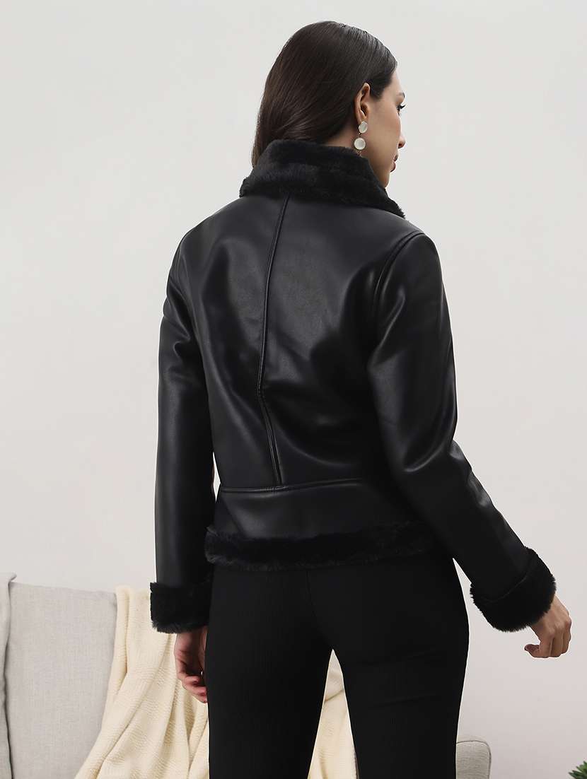 women black solid leather regular jacket - 22147786 -  Standard Image - 3