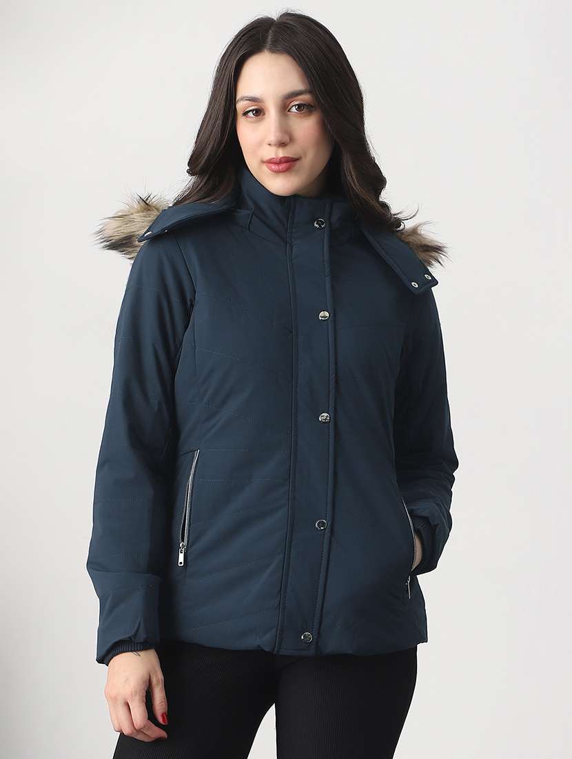 women solid long sleeve hooded quilted jacket