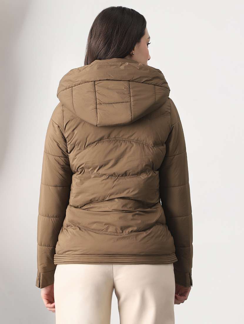 globus women brown long sleeves front zip 2 pockets hooded winterwear puffer jacket - 22147788 -  Standard Image - 3