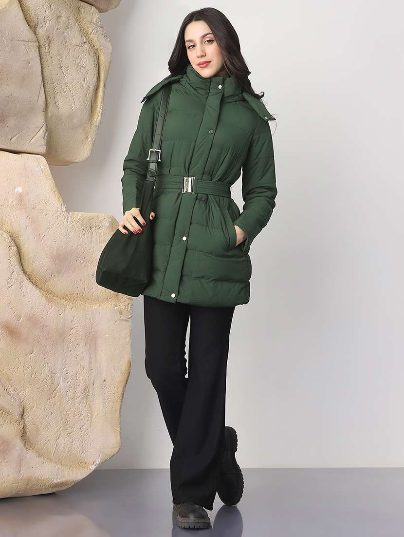 globus women green mock neck long sleeves belted winter wear insulator puffer jacket with detachable hood - 22147789 -  Standard Image - 3