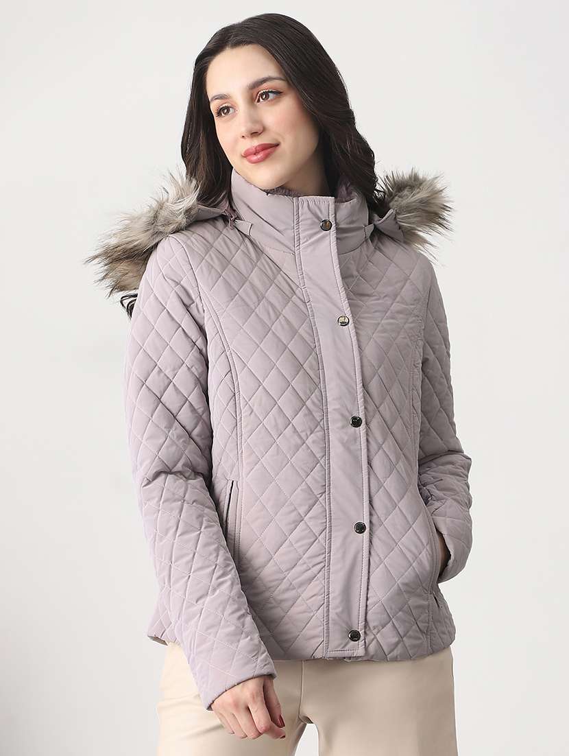 globus women mauve mock neck winter wear insulator puffer jacket with detachable faux fur hood