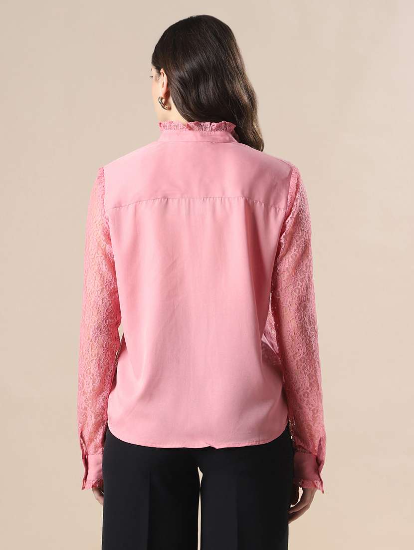globus women pink frilled neck cuffed sleeves curved hem floral lace party shirt - 22147792 -  Standard Image - 3