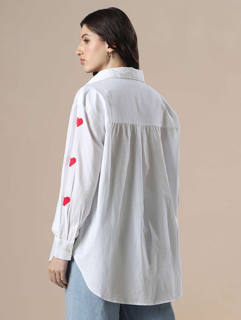 globus women white collared neck embroidered detail cuffed sleeves high-low hem oversized party shirt - 22147793 -  Standard Image - 3