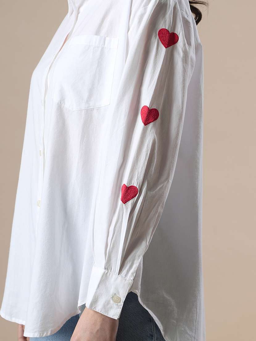 globus women white collared neck embroidered detail cuffed sleeves high-low hem oversized party shirt - 22147793 -  Standard Image - 5