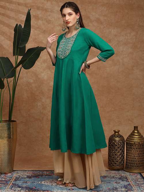 women embroidered three quarter sleeve anarkali kurta - 22147794 -  Standard Image - 0