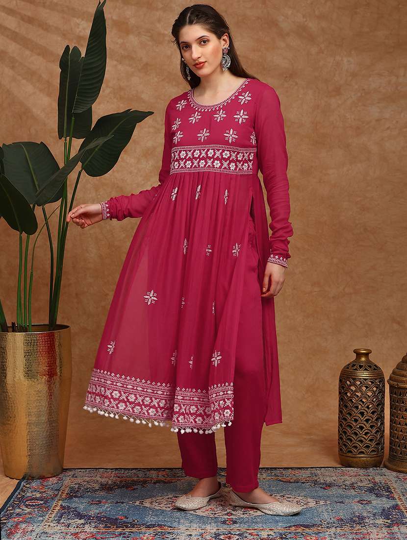 globus women magenta floral embroidered pleated high-slit pom pom hem a-line kurta & pants festive set
