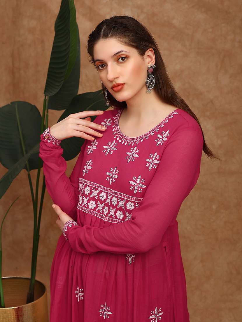 globus women magenta floral embroidered pleated high-slit pom pom hem a-line kurta & pants festive set - 22147795 -  Standard Image - 3