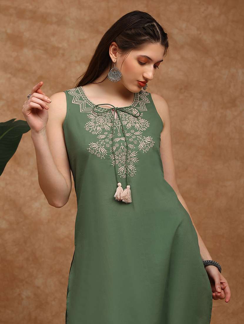 globus women green embroidered yoke tie-up detail straight kurta with pants set - 22147799 -  Standard Image - 3