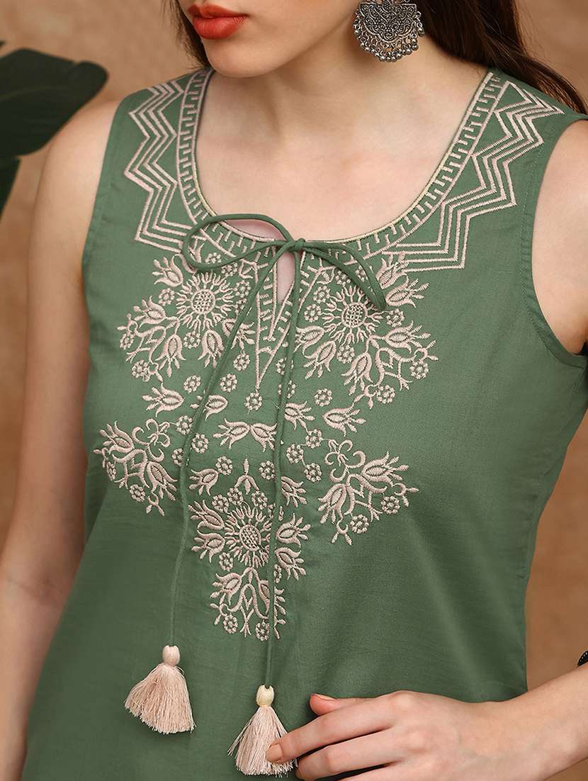 globus women green embroidered yoke tie-up detail straight kurta with pants set - 22147799 -  Standard Image - 5