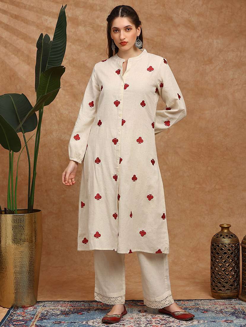 women embroidered bishop sleeve kurta pant set
