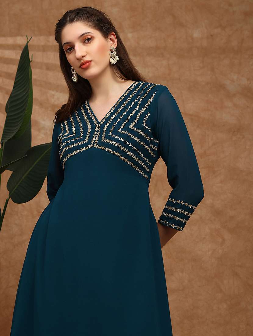globus women teal v-neck floral zari embroidered yoke georgette a-line kurta with sharara festive set - 22147804 -  Standard Image - 5