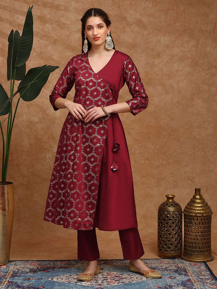 globus women maroon v-neck floral foil print angrakha a-line kurta with pants festive set - 22147805 -  Zoom Image - 0