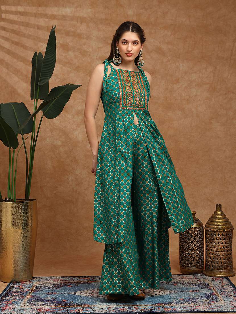 globus women green coin detail tie-up shoulder straps embroidered yoke ethnic foil print front slit a-line kurta & palazzos set