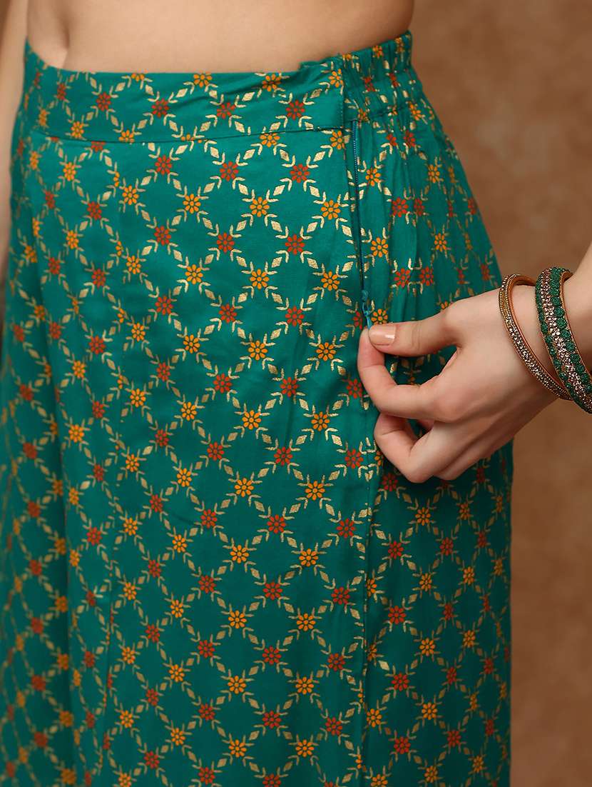 globus women green coin detail tie-up shoulder straps embroidered yoke ethnic foil print front slit a-line kurta & palazzos set - 22147806 -  Standard Image - 3