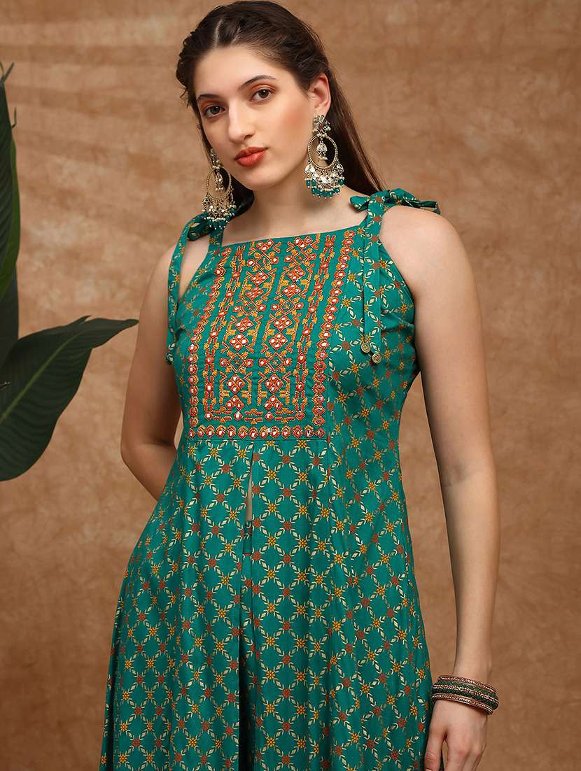 globus women green coin detail tie-up shoulder straps embroidered yoke ethnic foil print front slit a-line kurta & palazzos set - 22147806 -  Standard Image - 5