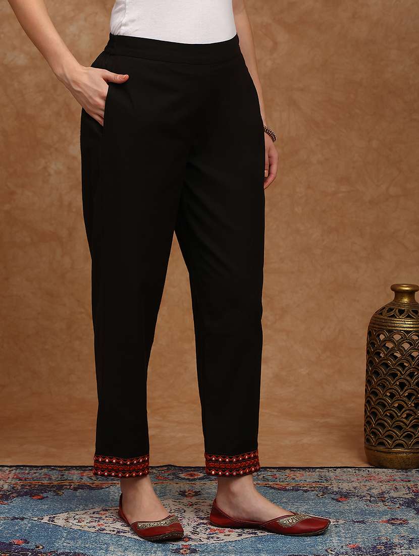 globus women black embroidered hem straight fit mid rise ethnic pant - 22147809 -  Standard Image - 3