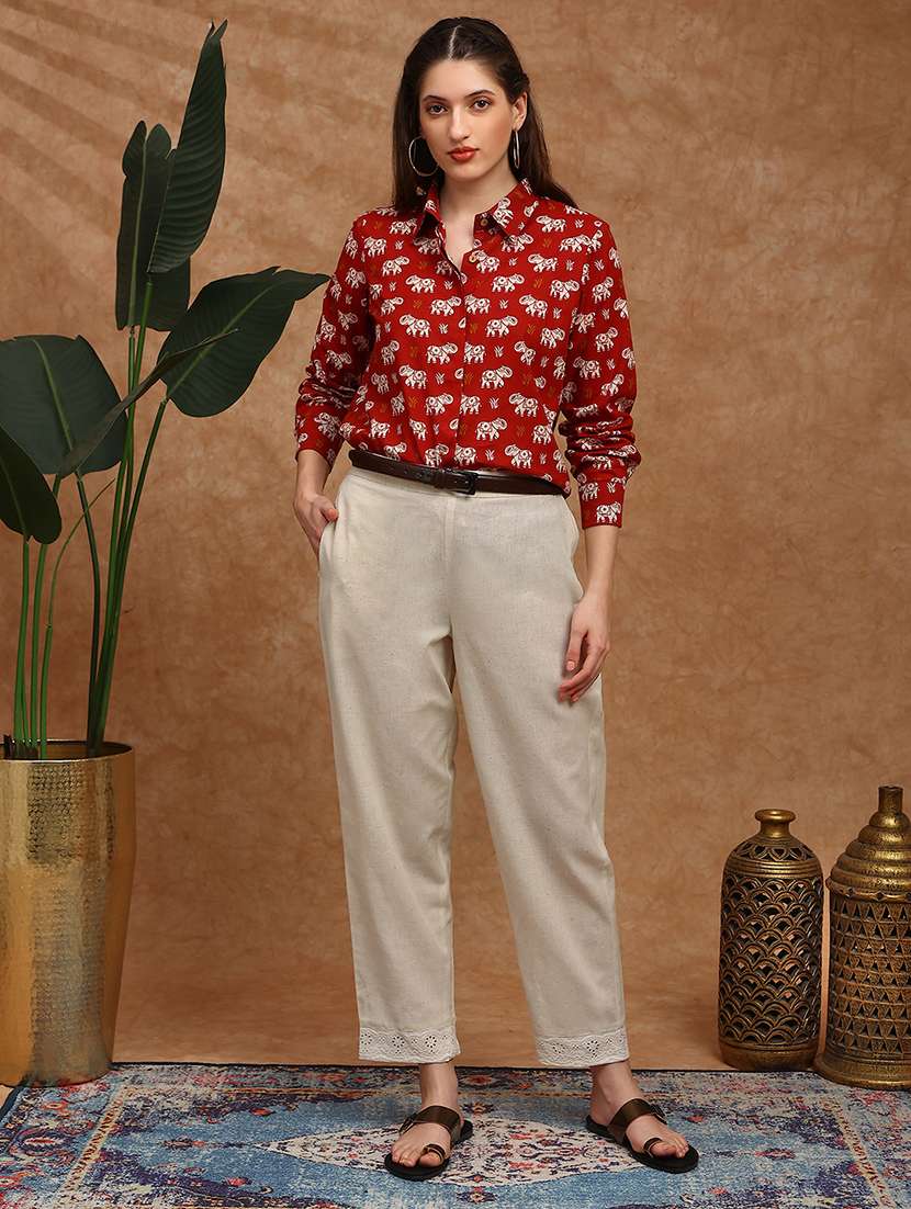 globus women off-white high rise schiffli hem straight fit ethnic pants - 22147810 -  Standard Image - 3