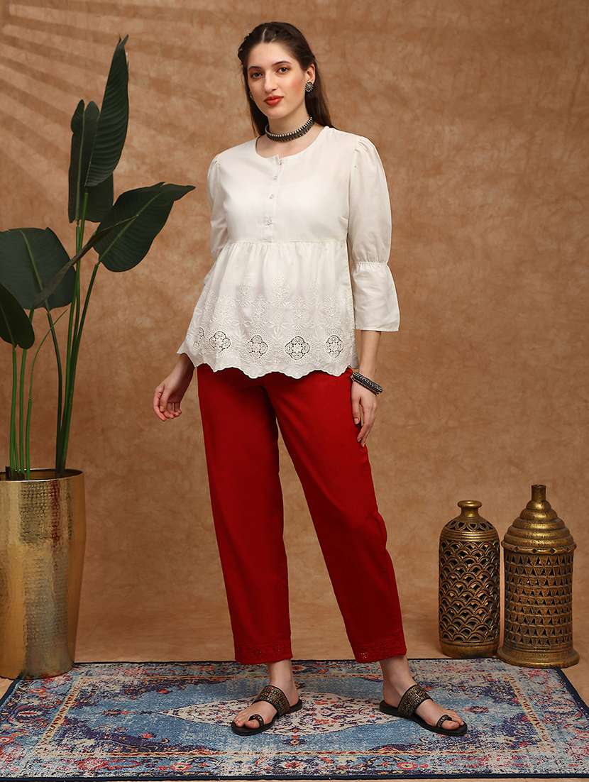 globus women maroon high rise schiffli hem straight fit ethnic pants - 22147811 -  Standard Image - 3